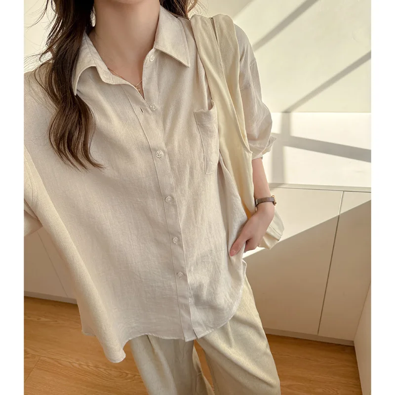 Camisas de lino blancas de verano para mujer, blusas holgadas de manga larga, tops básicos de lino para mujer, camisas azules oversize