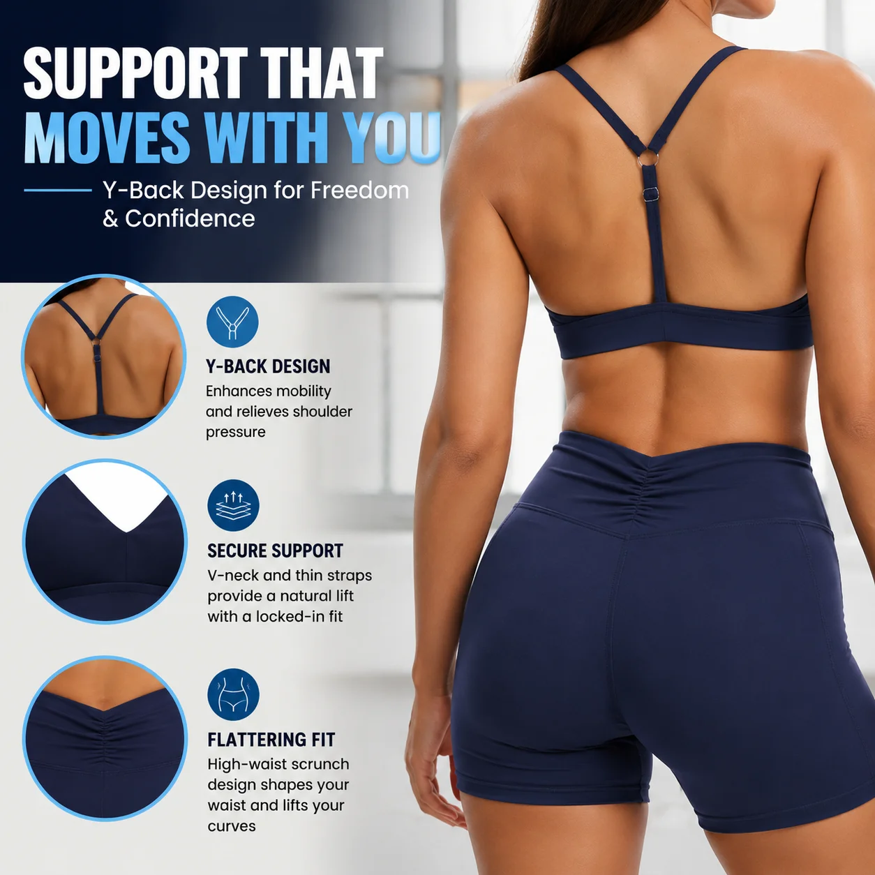 Women's V-Neck Y-Back Sports Bra & Scrunch Waist Shorts Set - High Waist Tummy Control Yoga Gym 2-Piece Suit, Multiple Colors, S