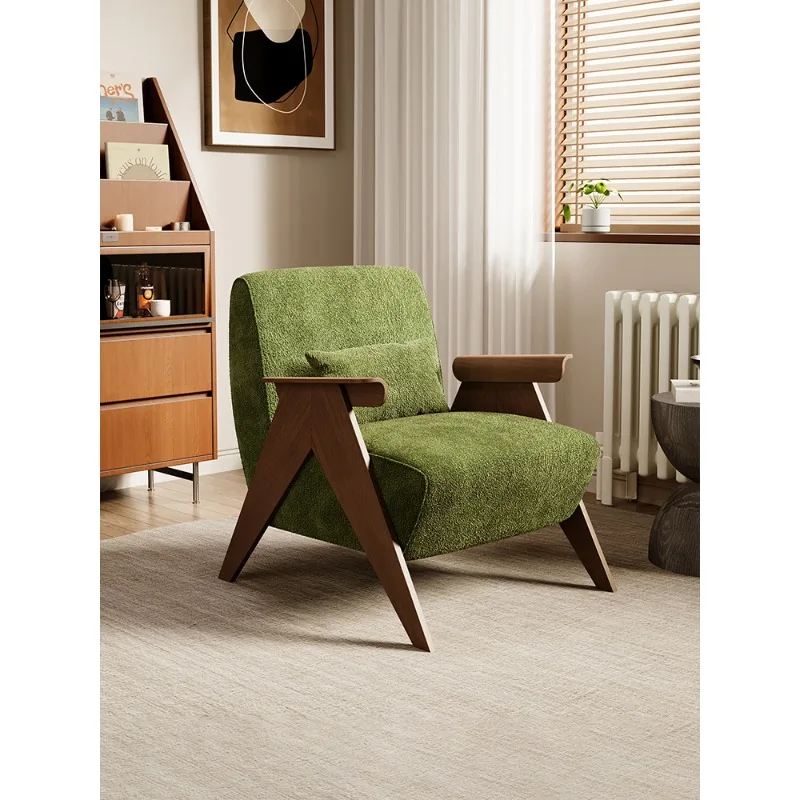 

Medieval wabi style designer retro solid wood leisure chair B & B living room home lamb wool single sofa chair