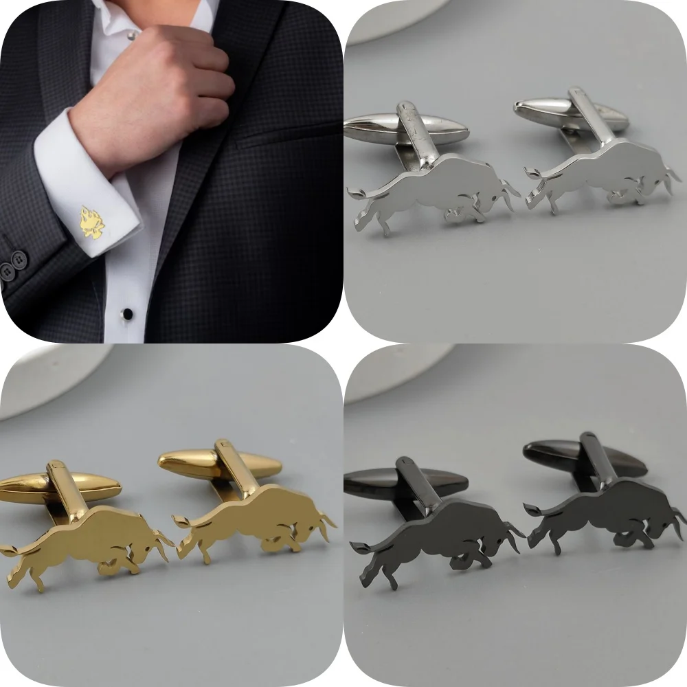 

New Big Bull Stainless Steel Cufflinks, Waterproof and Fading Shirt Buttons, Formal Matching, Wedding Party Gifts