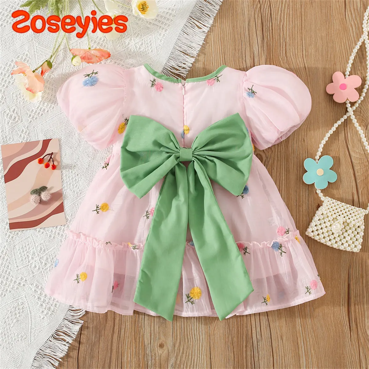 Summer Children'S New Back Bow Flower Embroidery Short Sleeve Solid Round Neck 0-3 Year Old Girls' Dress