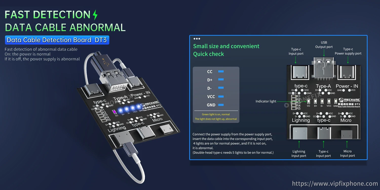 MECHANIC-probador de Cable Lightning DT3 USB-C, placa de cortocircuito, interruptor de encendido y apagado para teléfono IOS y Android, detección rápida de Cable de datos