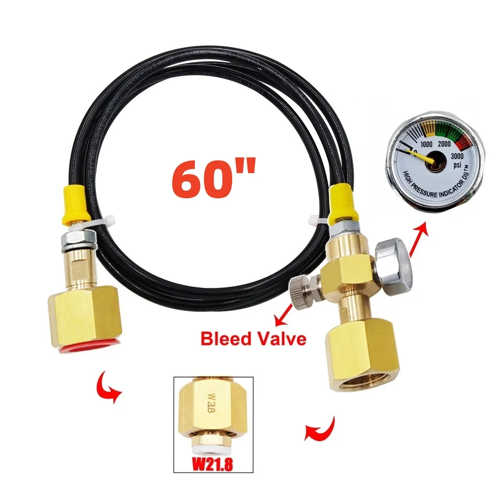 CO2 Tank Refill Station Charging Adaptor Transfer With 1.5m 5ft  Hose W21.8-14 or Cga320  W/ 2000psi or 250bar gauge