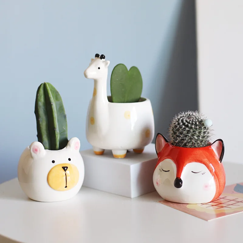 Cute Animal Ceramic Succulent Pot, Mini Cactus Planter for Desktop Balcony, Handmade Home Decor Flower Container