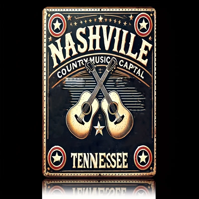 Nashville Country Music Capital Tin Sign - , Durable Iron Wall Art with Acoustic Guitars & Stars, Weatherproof for Home, Offic
