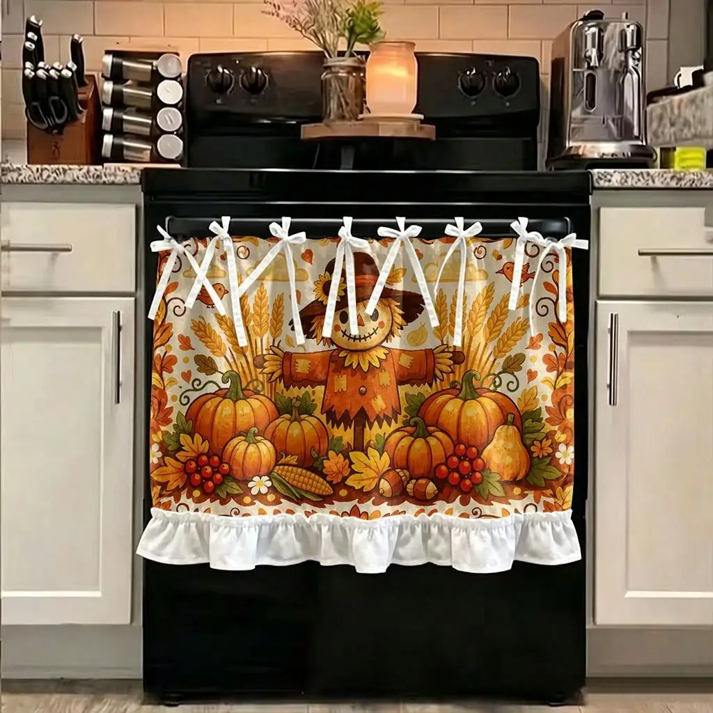 2D Flat, 1pc Farmhouse Fall Harvest Kitchen Stove Oven Valance, 2D Print Autumn Scarecrow Pumpkin Harvest Scene Autumn Home Decor Curtain for Dishwasher Microwaves Cabinet Kitchen Sink, Festival Gift, Makes a Great Addition to Thanksgiving Family