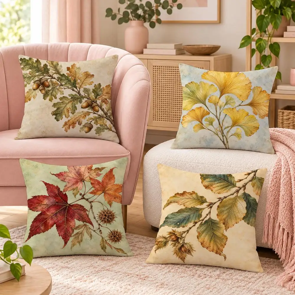 Vintage Autumn Leaves Cushion Cover Pillow Case Organic Short Plush Cushion Covers Washable Wrinkle-Resistant