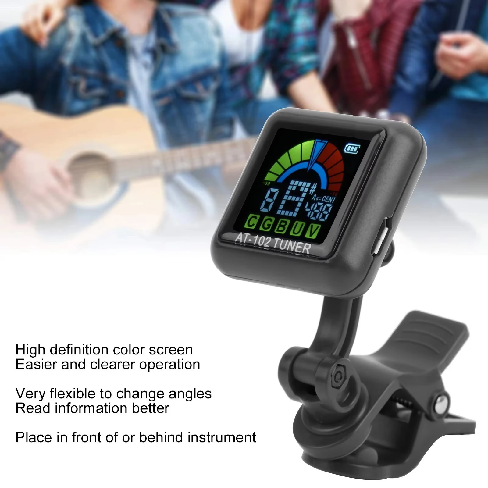 Aroma AT-102 Rechargeable Guitar Tuner with Editing, Color Screen, Built in Battery, Color Guitar USB Cable, Bass, Quartet