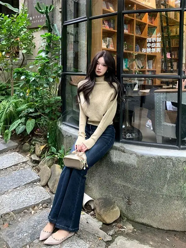 Pull en tricot confortable pour femmes, col montant, coupe ajustée, sous-vêtement, haut chaud, tendance, ample, nouvelle arrivée pour l'hiver