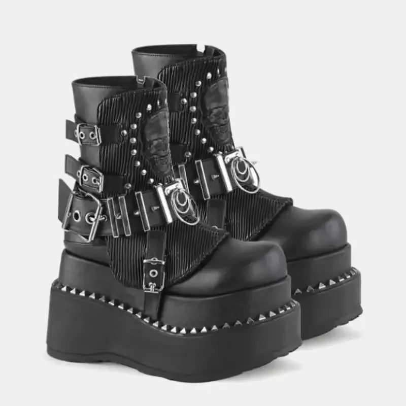 2026 New Punk Style Women Mid Boots Rivet Belt Buckle Wedges Platform Fashion Boots Black Leather Winter 8Cm Heel Shoes Boots