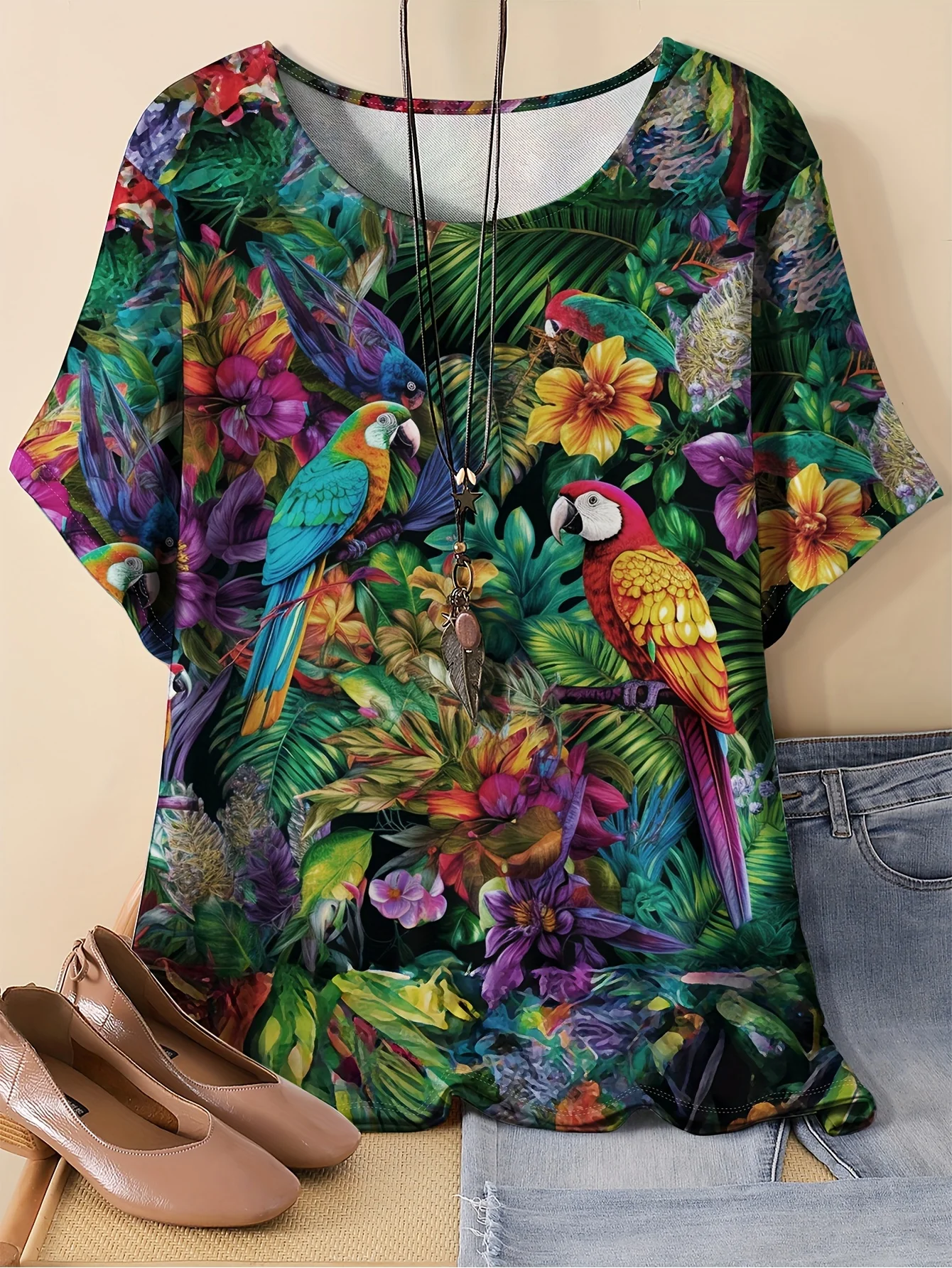 

Plus Size Parrot Floral Print T-Shirt Casual Crew Neck Short Sleeve Top for Spring Summer Women Plus Size Clothing Quick Drying