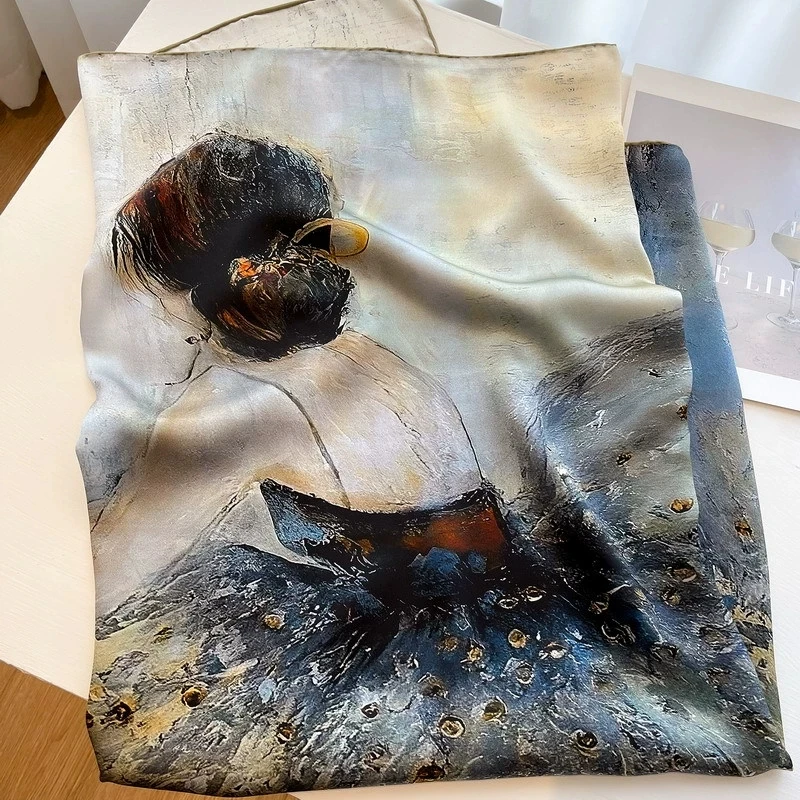 100% Pure Silk Scarf Women Neck Foulard Square Oil Painting Handscroll Edge Mulberry Silk Neckerchief Scarves Bandana 110*110cm