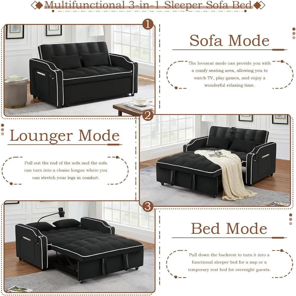 Sofa bed, convertible velvet double sofa bed with 2 USB charging ports, modern futon sofa with cup holder, living room sofas bed