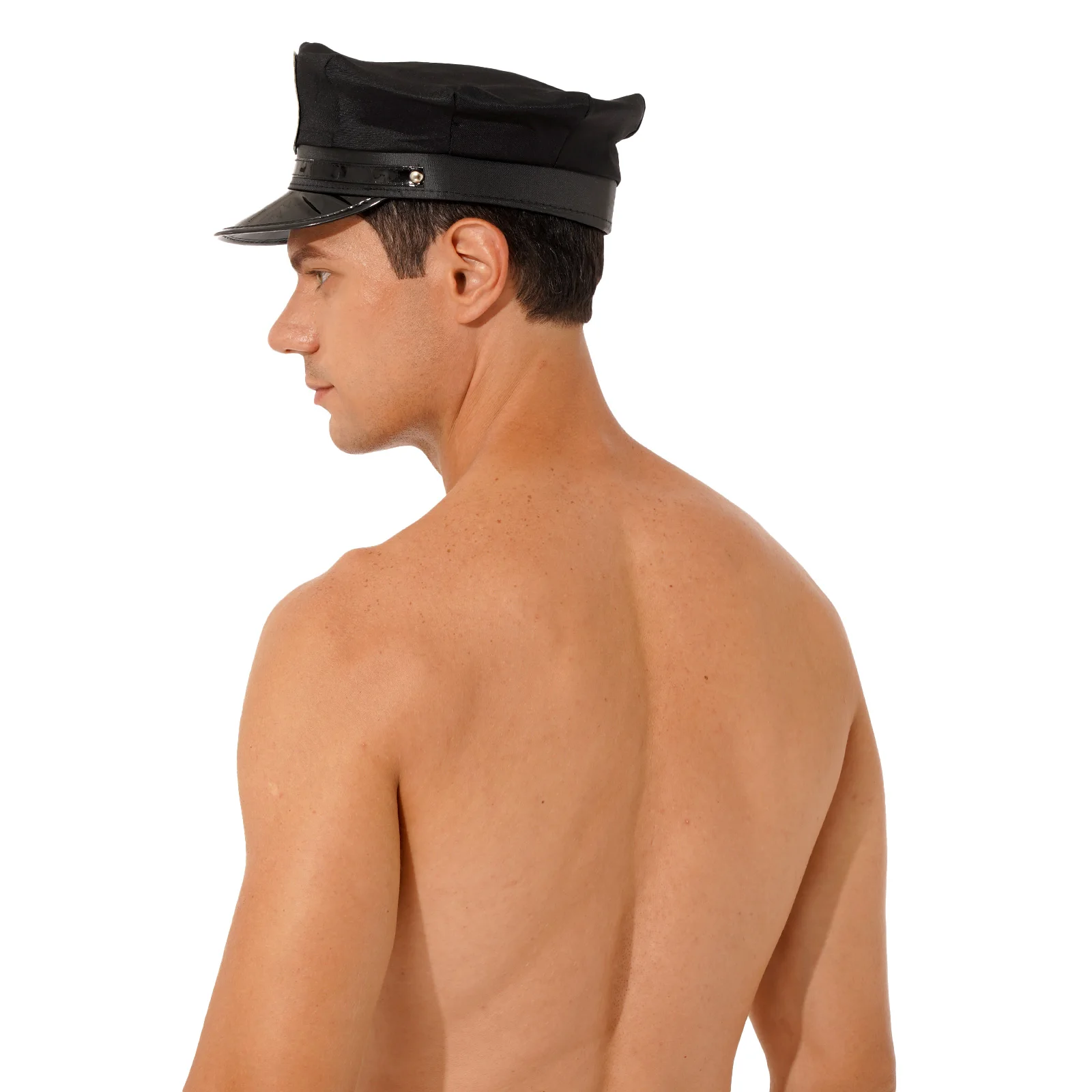 Mens Policeman Cosplay Costume Wet Look Lingerie Outfit Latex Zipper Boxer Shorts with Hat and Cuffs Set for Nightclub Halloween