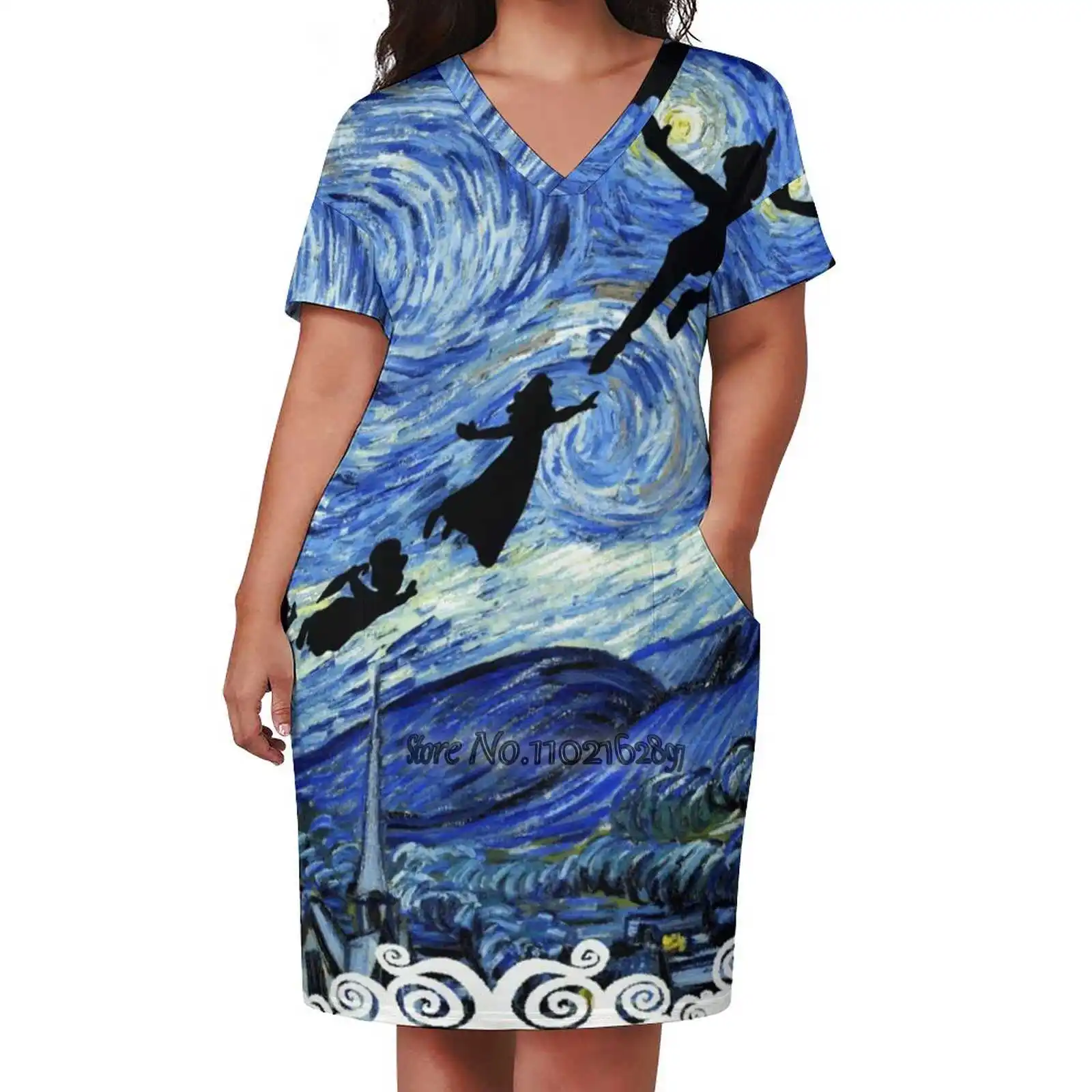 Starry Night Loose V-Neck Skirt Sexy Short Sleeve Skirt Loose A-Line Dress Light And Breathable Dress Neverland Wendy Movie