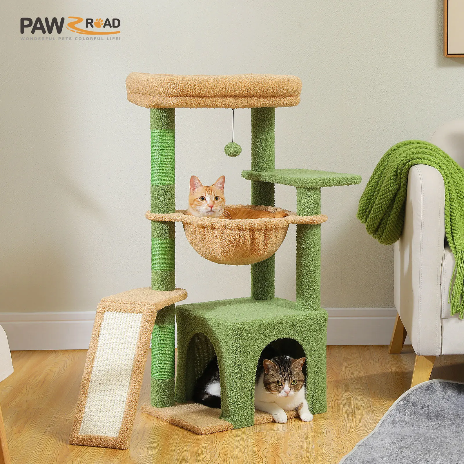 Cat Tree for Indoor Cats, Small Cat Tower with Large Cat Condo, Cat Scratching Posts, Cozy Cat Hammock and Cat Scratching Ladder