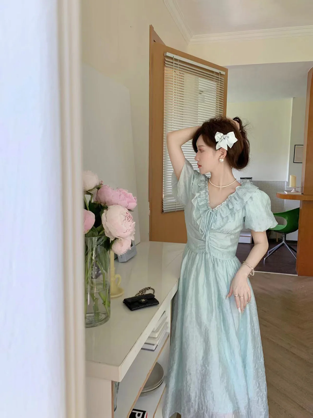 

DbyDoi Knee-Length V-Ne A-Line Dr Long Skirt Fairy Slimming Gown French Sle Pleated High Waist ort Sve Maxi Dr