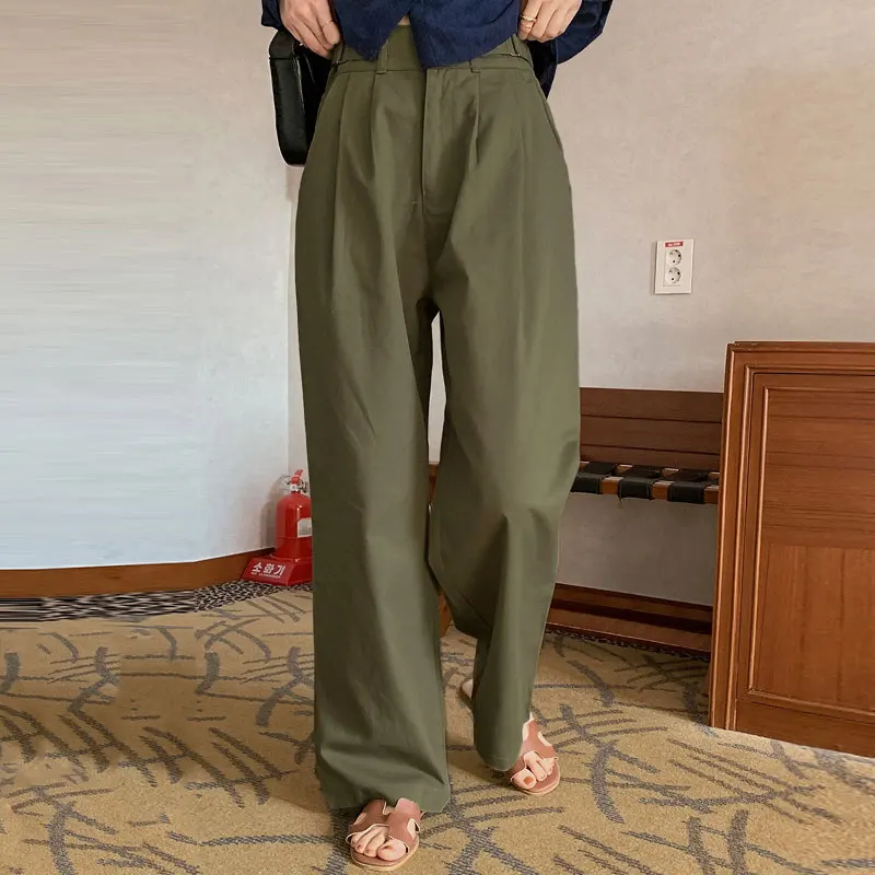 

Ele High Waist Pleated Wide Leg Casual Pants Women's Long Trousers Chic Design Loose Straight Cut Comfortable Faion