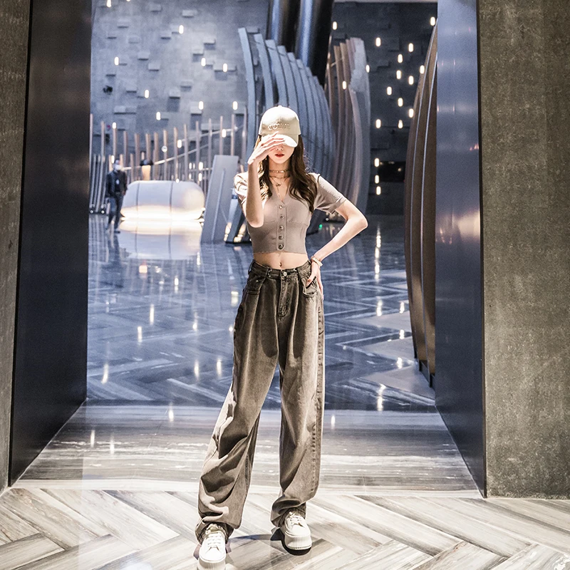 

Модные женские джинсы с широкими штанинами, прямые, свободного кроя, длиной в пол, с низкой посадкой, из денима с покрытием, утягивающие, расклешенные