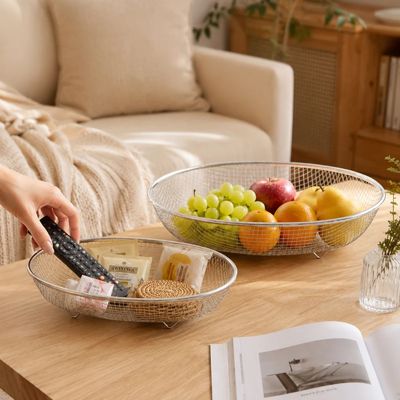 Multi Purpose Stainless Steel Mesh Basket Oval Fruit Tray Kitchen Snack Storage Desktop Organizer Home Decor Back to School Gift
