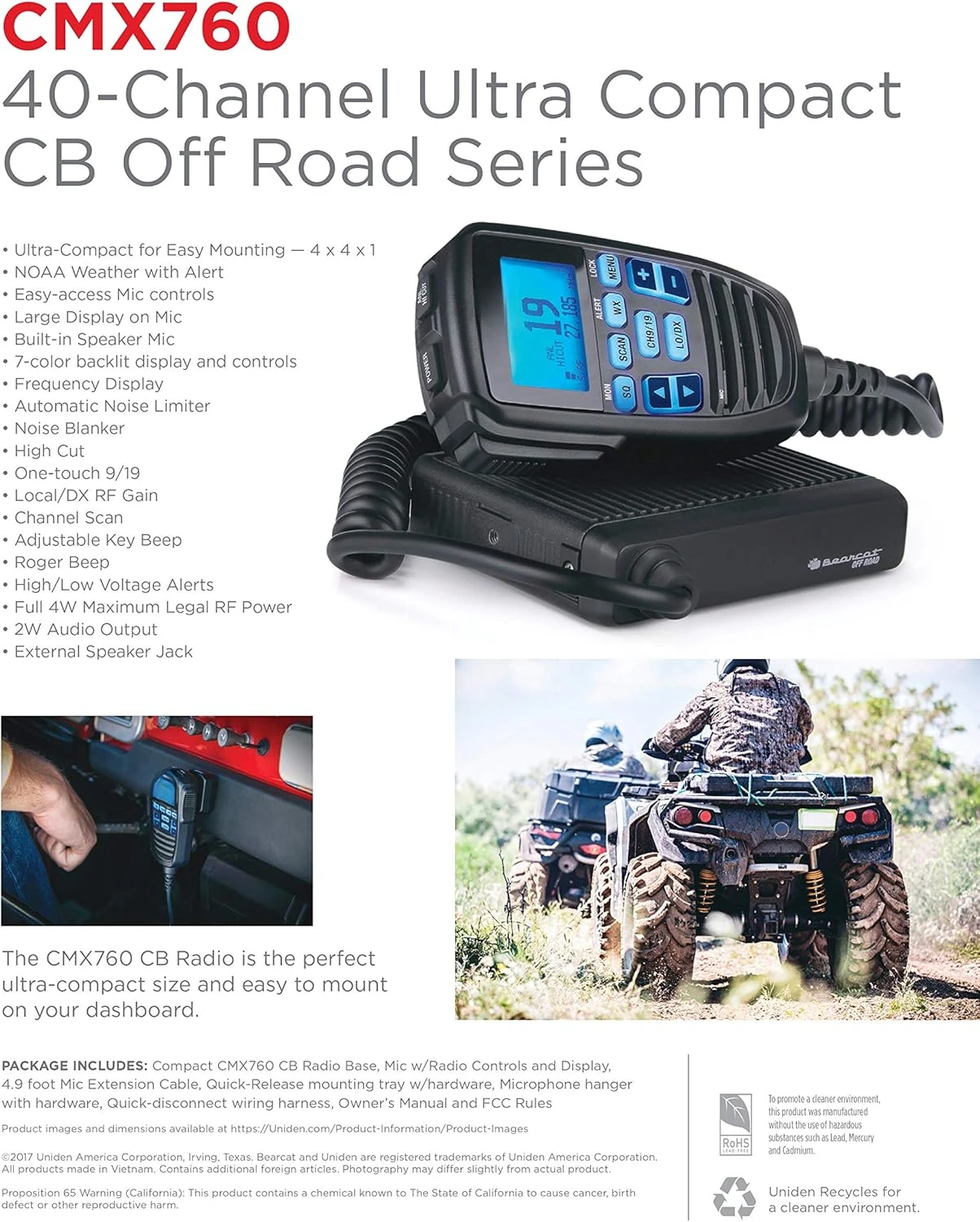 CMX760 Bearcat Off Road Series Compact Mobile CB Radio, 40-Channel Operation, Ultra-Compact for Easy Mounting, Large 7-Co