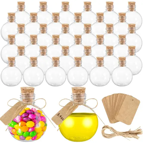 Spherical Plastic Potion Bottles Ball Shape Round Bottles 3.4 Oz Sand Art Bottles with Corks and Tags Decorative Bottle Candy