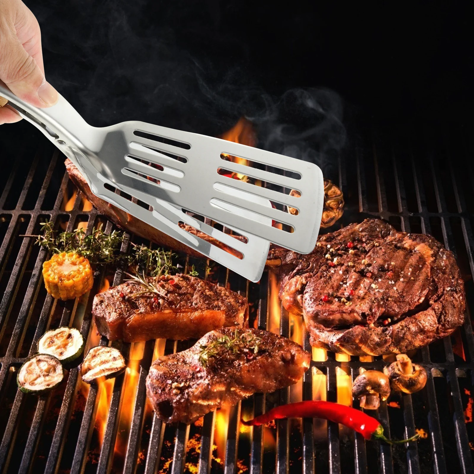 

1 set 1 Set Portable Bamboo Handle Bbq Clamp Oil Draining Slot Stainless Steel Food Tong For Barbecue Steak Kitchen Tools