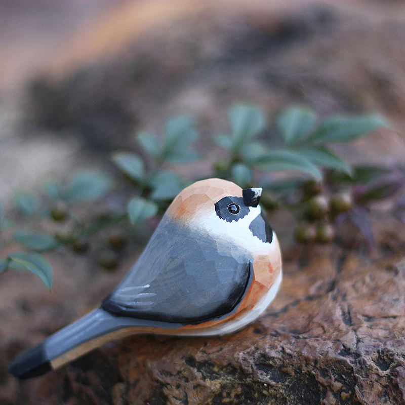 Handmade wood carving red head long-tailed tits small fat bird solid wood crafts Black-throated Tit table decoration