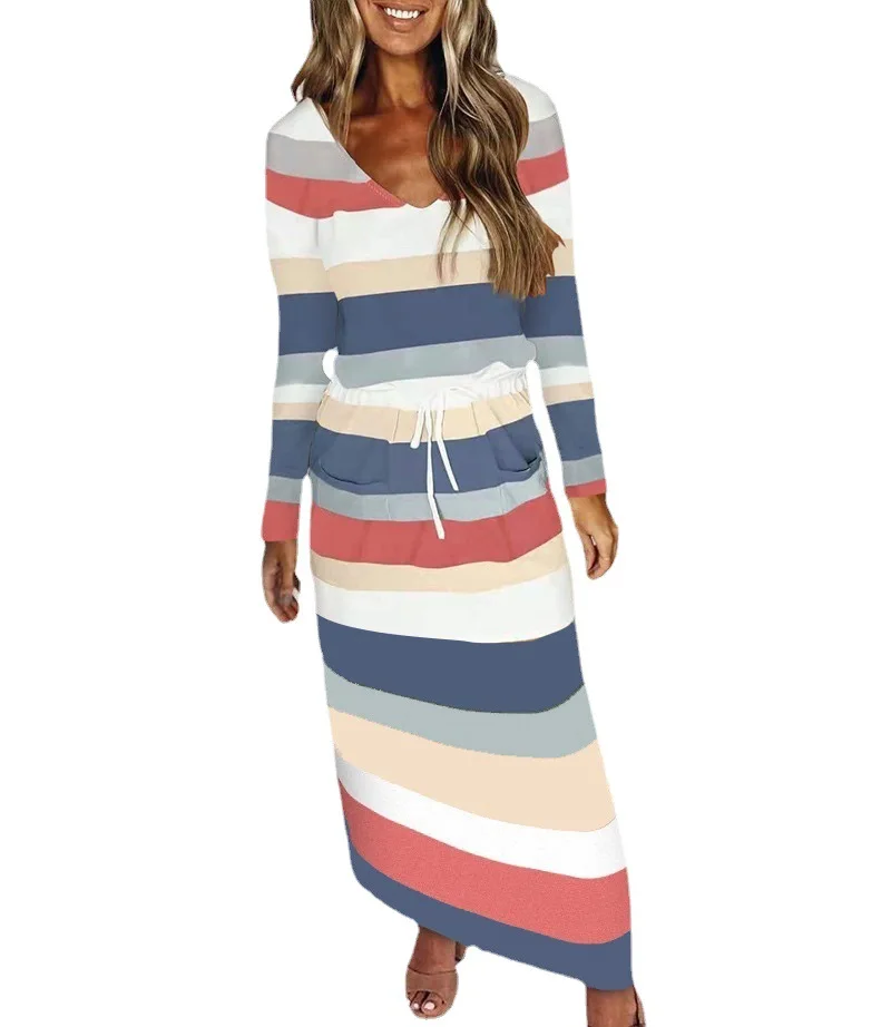 Autumn and Winter New Women's Casual V-Neck Loose Stripe Print Long Sleeve Dress High Waist Slim Elegant Dresses Female Lady