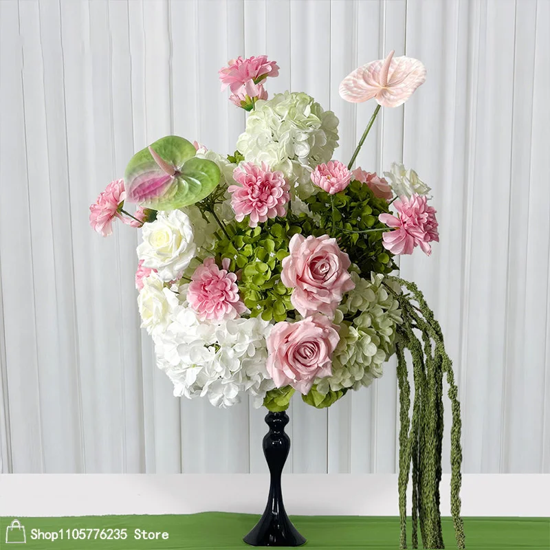 Rosa-weiße Hortensien-Rosen-Anthurien-Kunstblumen-Arrangement Hochzeitstisch-Mittelstück Hängender grüner Amaranthus Partydekoration – Detail 4