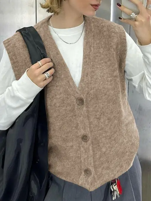 

Lazy Women's Autumn Knitted Sweater Vest 2025 Casual Minimalist Button Vest Woolen Women's Clothing Casual Women's Sweater Vest