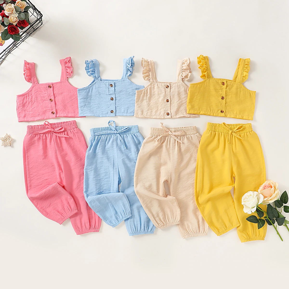 Infant Toddler Baby Girl Summer Outfit Floral Lace Sleeveless Cami T-Shirt Tops and Flared Pants Clothes 2Pcs Set