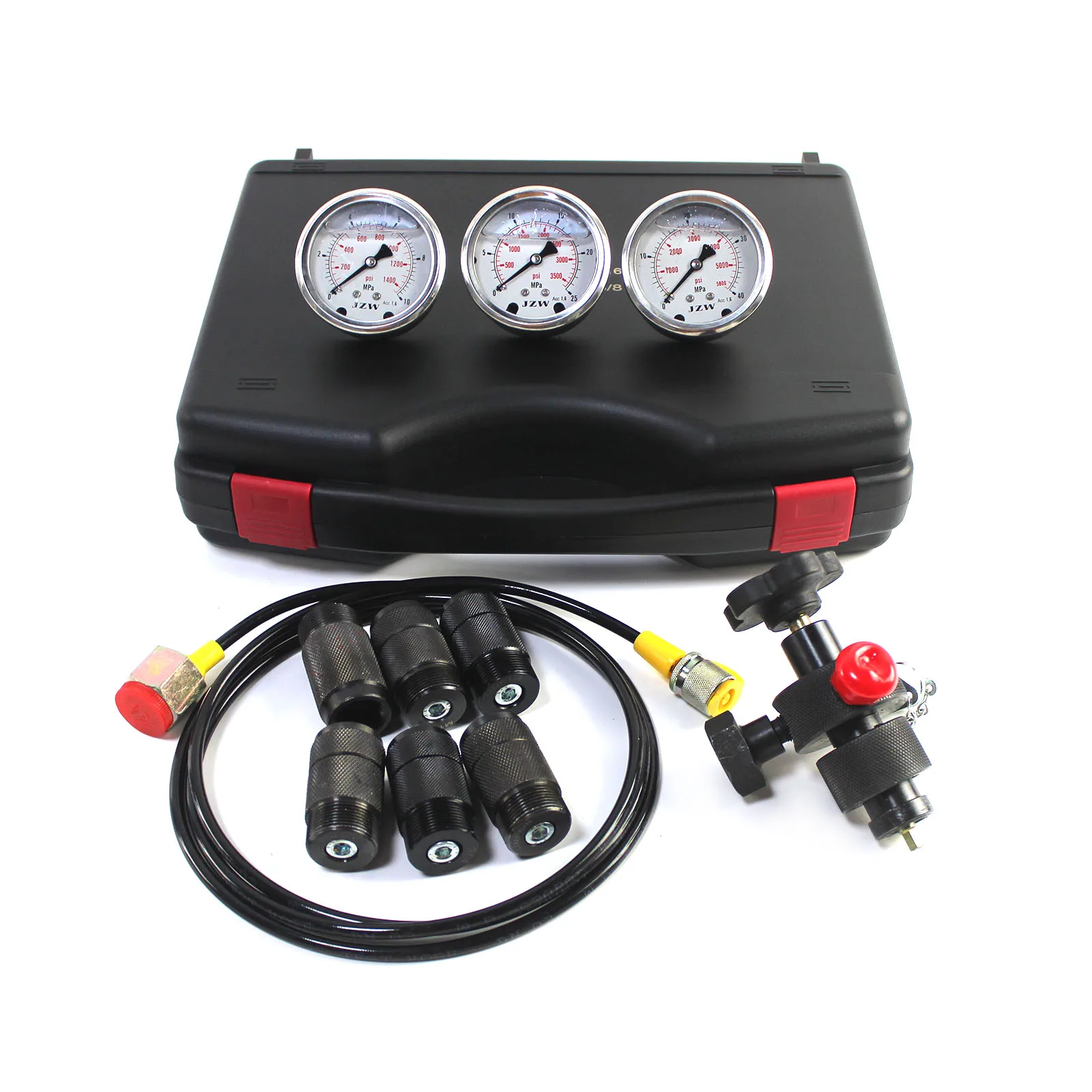 Hydraulic Gauge Test Kit with 3 Gauges 10Mpa/25Mpa/40Mpa, 7 Couplings UNF7/8 UNF5/8 UNF5/16 UNF1/2 G1/4 M14 M28 & Gas Hose