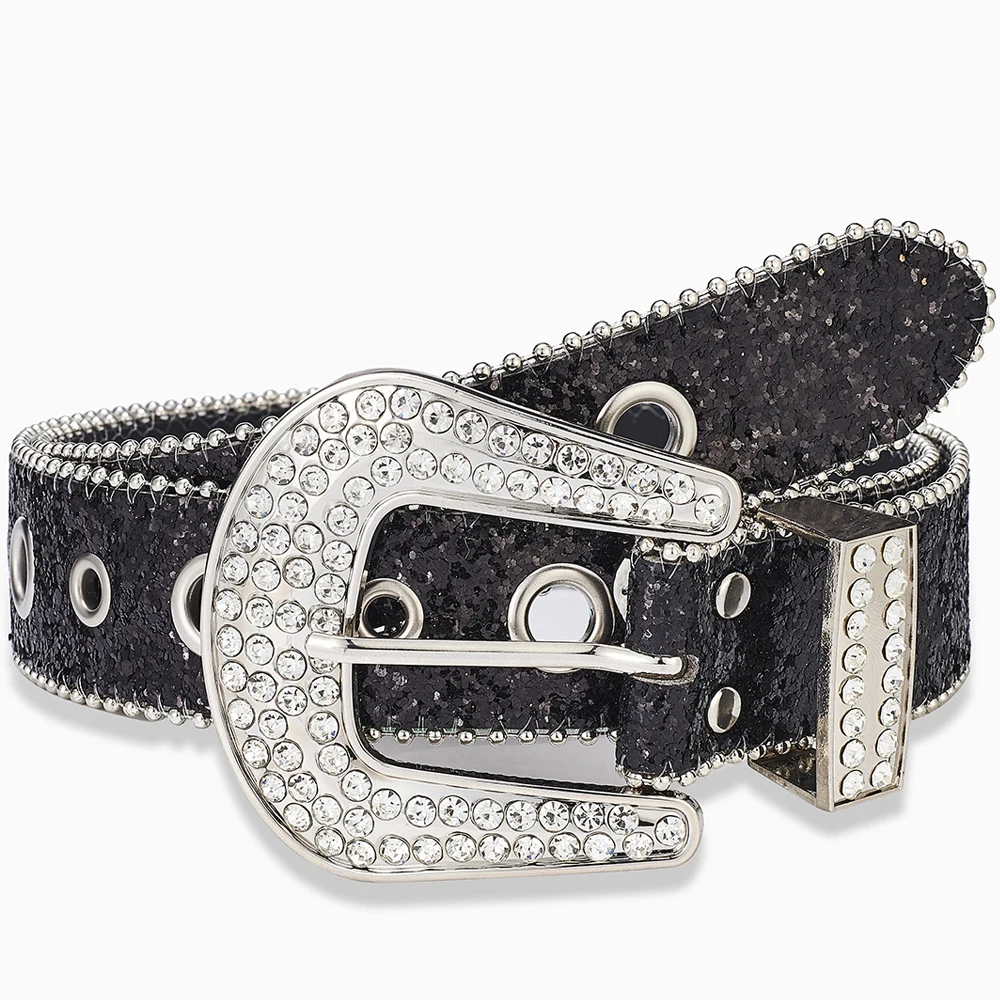 Y2K Punk Rock Belts for Women Girls Female Rhinestone Jeans Belt Sequins Fashion Accessories Silver Pink Waistband Western 3.8cm