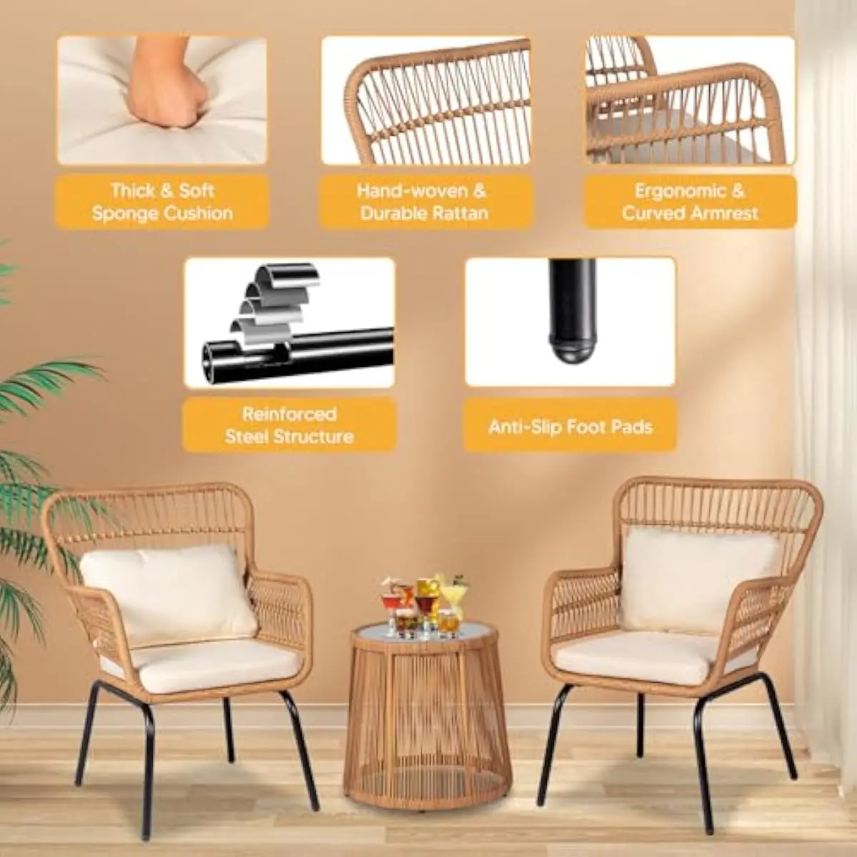 6-Piece Modern Outdoor Lounge Set Featuring Beige PE Wicker Armchairs with Plush Cushions Plus Two Round Tempered Glass Side Tab