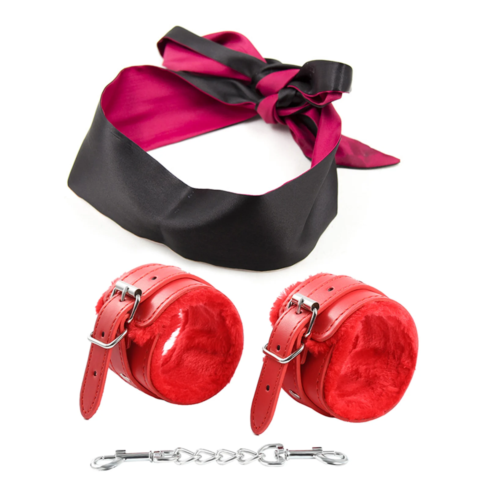 Set de Bondage SM, esposas rojas, antifaz rosa, diseño de hebilla con tachuelas de una sola fila, cuero PU satinado, juguetes para adultos para parejas.
