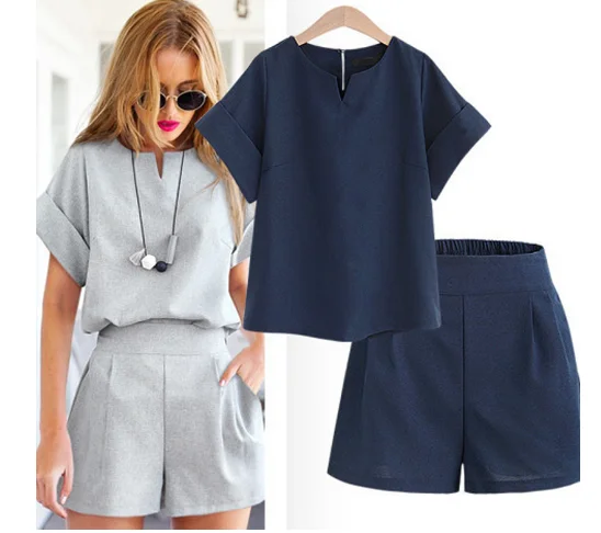 

Summer Heavy Lady Clothes Set Short Sleeve V-neck Top Elastic Waist Shorts with Pockets Twinset Loose Casual Women Short Sets