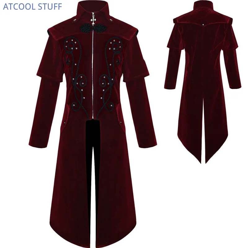 Men\'s Medieval Steampunk Castle Vampire Devil Red Coat Cosplay Costume Middle Ages Victorian Nobles Tuxedo Suit Trench coat