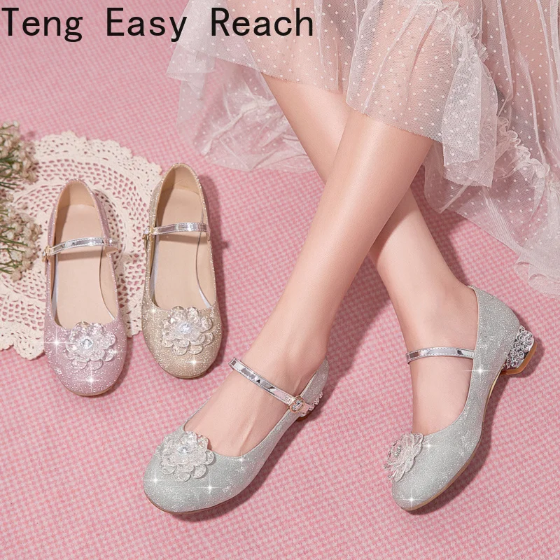 2022 Spring Autumn New Girl Single Princess Pumps Crystal Flower Ankle Strap Child's Low Heel Mary Jane Summer Shoes Kids