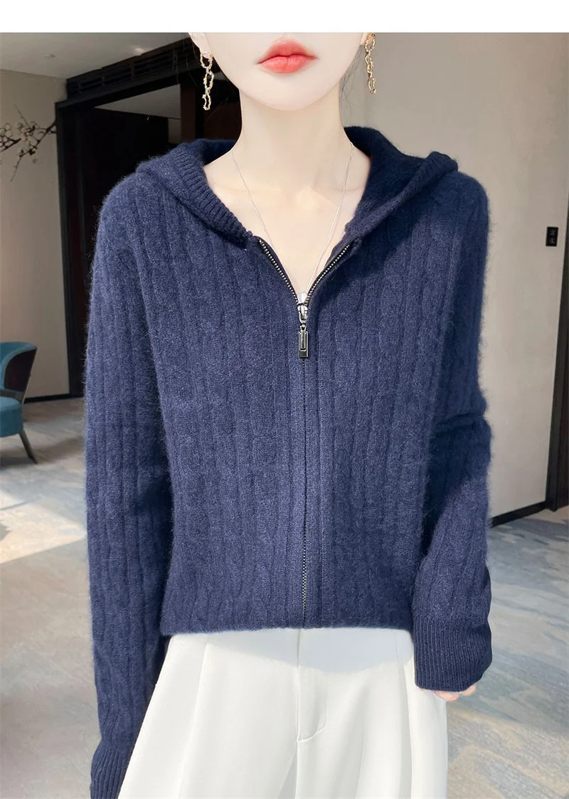 Hooded Cardigan Sweater Coat Women's Short New Autumn Winter 2026 Twist Zipper Knitwear Loose Cardigan Jacket Ladies Explosions