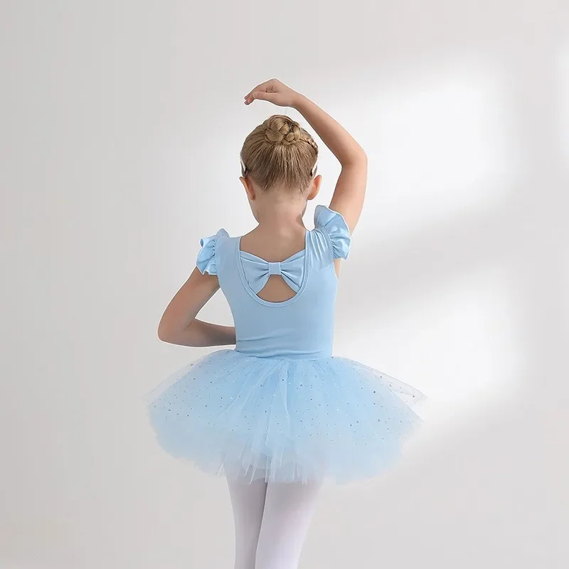 Nutcracker Ballet Girls Leotard Acrobatics Bodysuit Ruffle Sleeve Summer Gymnastics Clothes 4 Layers Puffy Tutu Skirt Sparkle