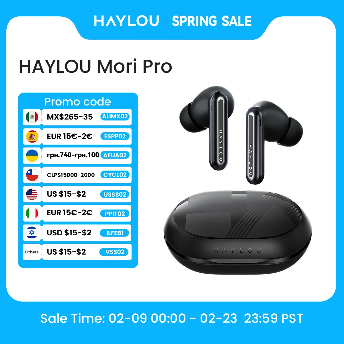 HAYLOU Mori Pro 블루투스 5.4 이어폰, 43dB ANC 액티브 노이즈 캔슬링 이어버드, 6 마이크 무선 헤드폰,...
