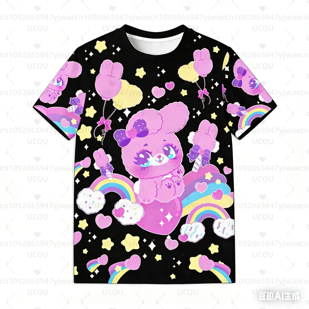 Camiseta de chica conejito de azúcar, bonito conejito Yume Kawaii Fairy Kei Pastel Star Cloud Rainbow Pink, camisetas para mujer