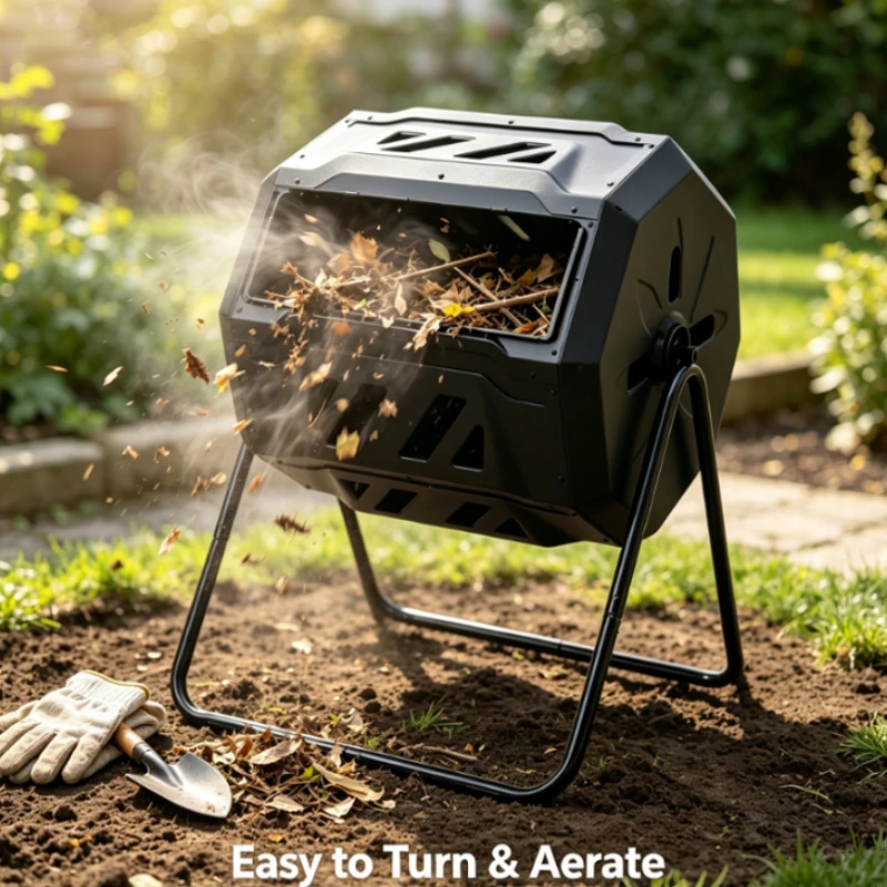 Black Dual Chamber Rotating Compost Bin for Garden Kitchen Waste Organic Fertilizer Garden leaf disposal tools