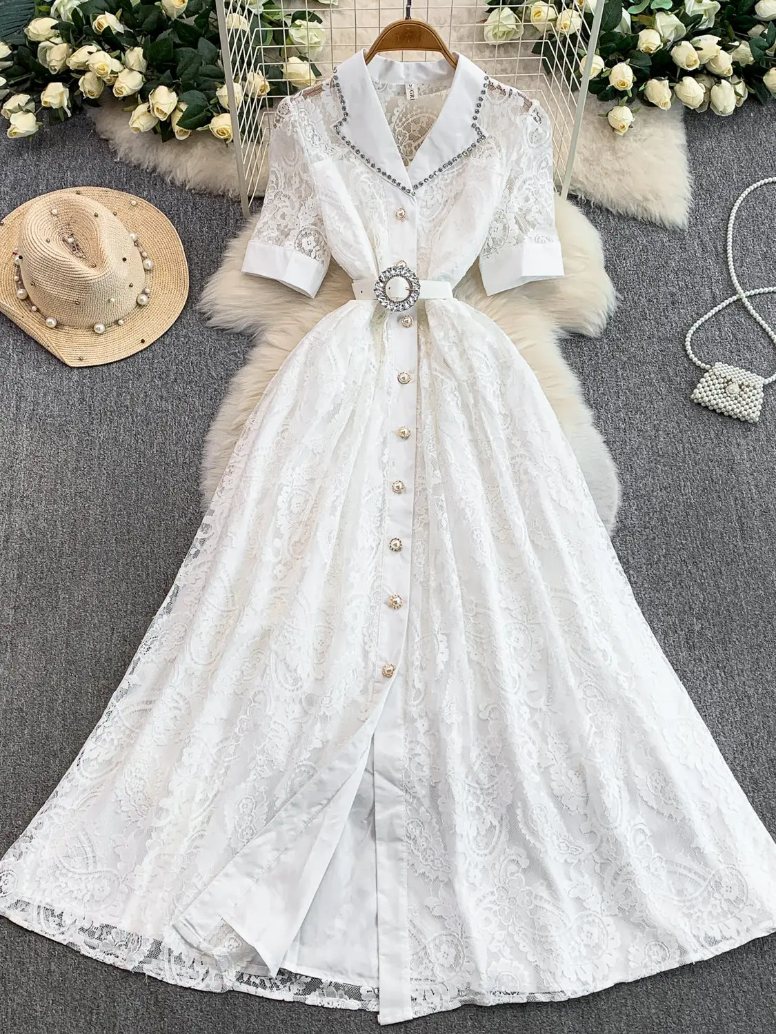 

Women’s White Lapel Rhinestone Embellished Lace Belted Maxi Dress Elegant Wedding Guest Gown