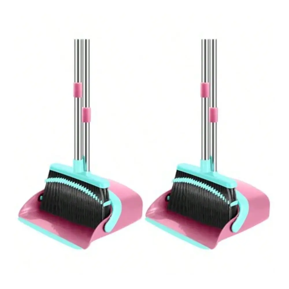 Broom And Dustpan Set 52-In Long Adjustable Handle Broom Dustpan Combo With Dust Pan Teeth To Automatically Clean Hair Suitable For Home Kitchen Office Hall Floor PinkandBlue 2 Pack