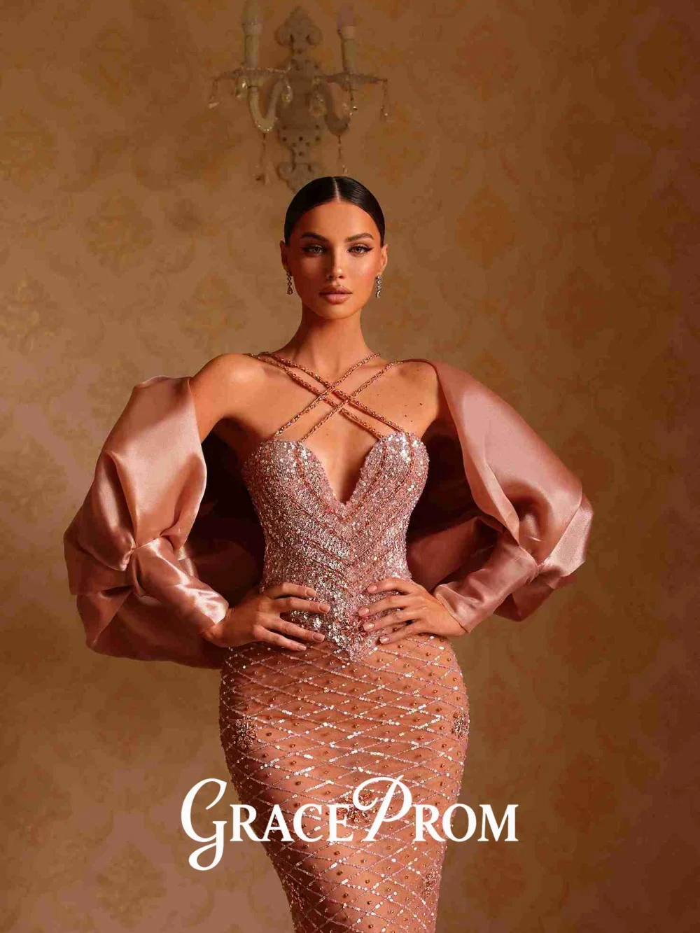 

GraceProm Captivating Cross-Strap Evening Dress 2026 Glittering Crystal Carpet Gown Stylish A-Line Floor-Length Party Gown فس