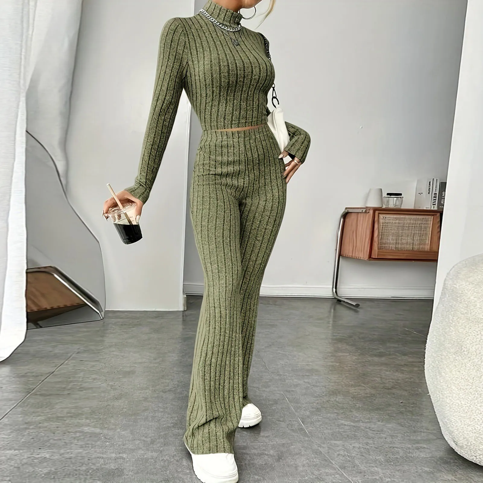 Women Fashion Solid Color Streetwear Autumn Winter Elegant Round Neck Tops Loose Pants Suit Casual Holiday Sport Two Piece Sets