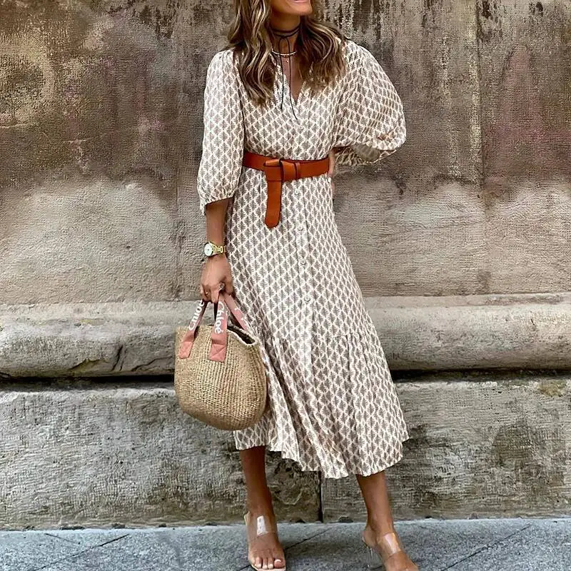 Estate nuova stampa floreale scollo a V strada Boho moda mezza manica allentata bottone abito da festa donna elegante abiti con volant a fessura