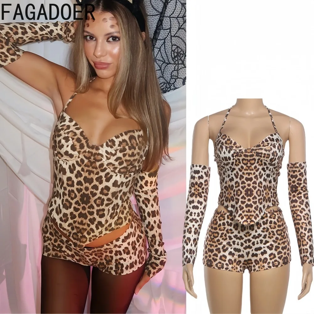 

FAGADOER Sexy Leopard Print 2 Pieces Set for Woman Outfits Sleeveless Backless Crop Top and Shorts and Glove Female Streetwear